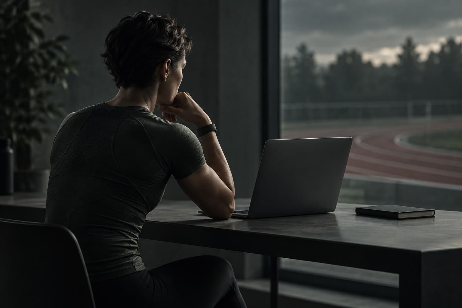 Editorial illustration of an athlete considering training information at a quiet desk.