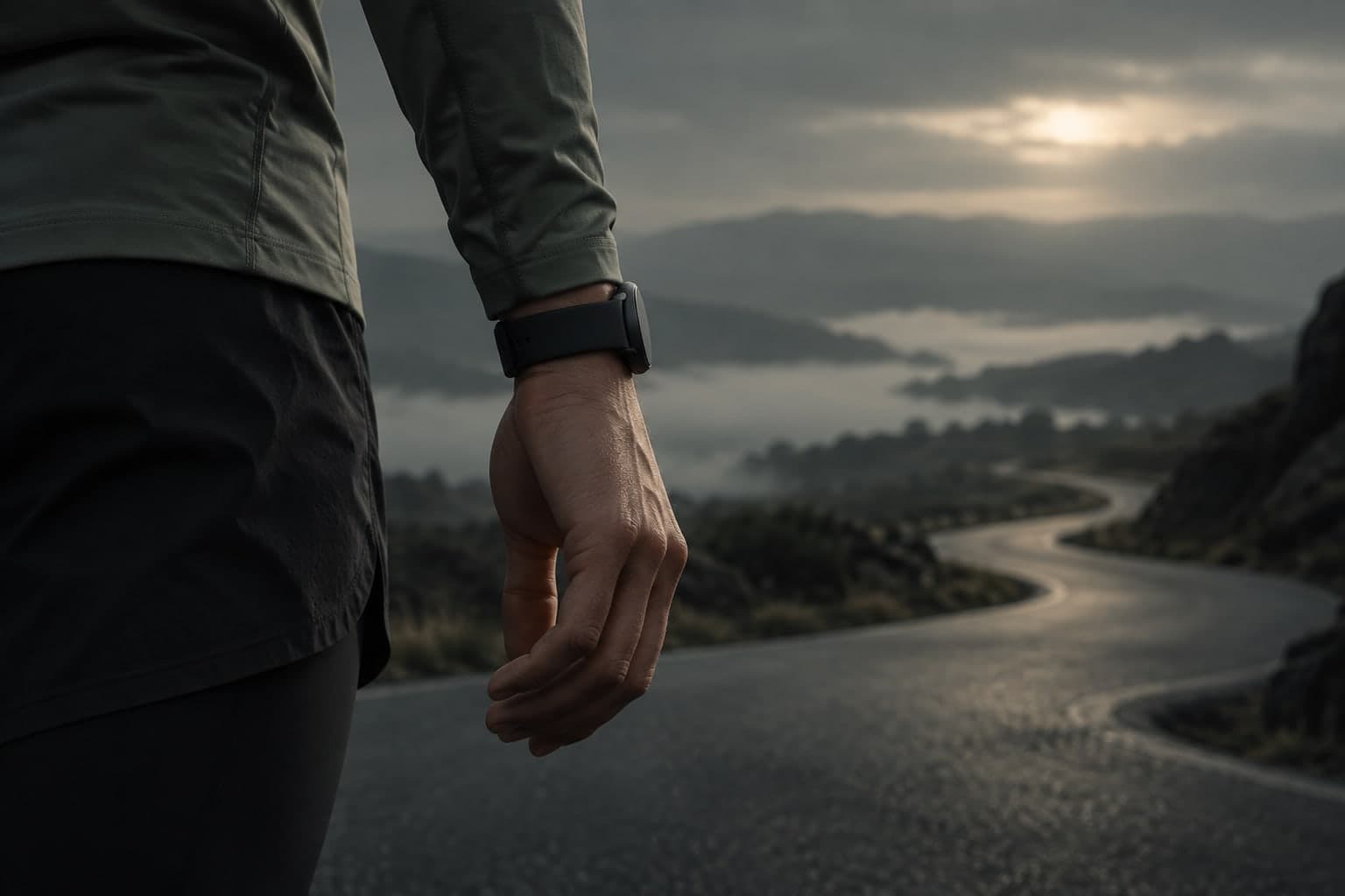 Illustrative close-up of a runner wearing an unbranded sports watch beside a path.