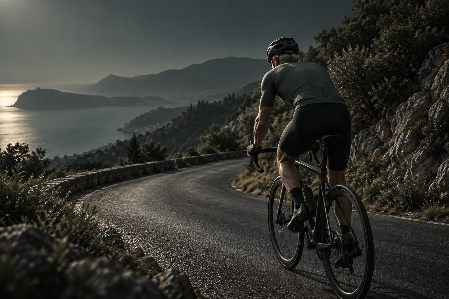 Illustrative scene of a mature cyclist climbing a quiet hill road.