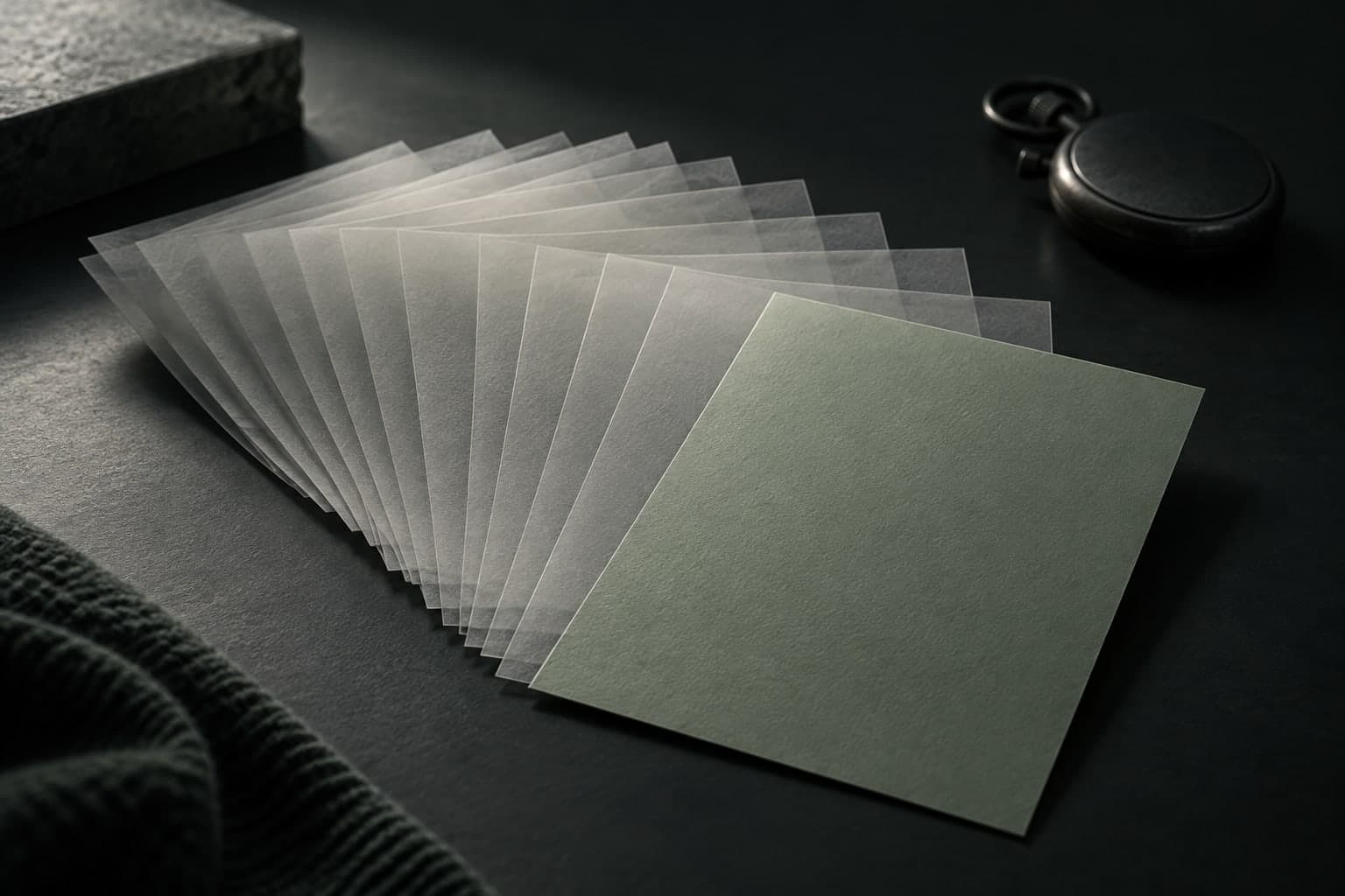Editorial illustration of layered paper leading toward one clearly defined card.