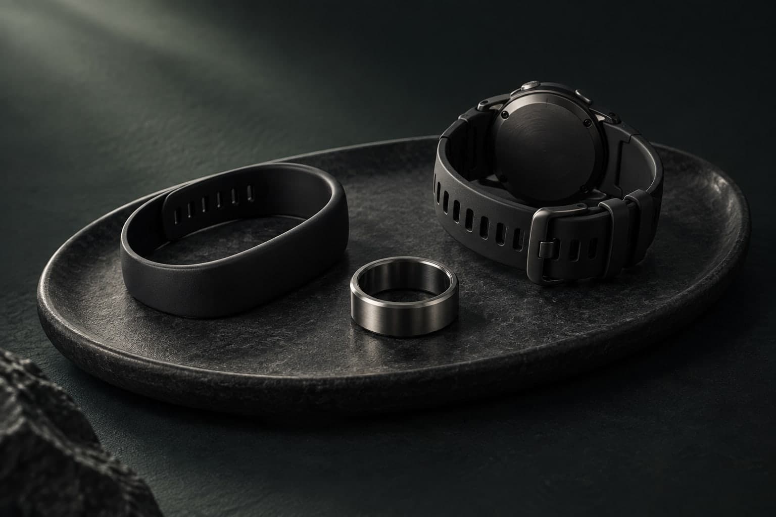 Editorial illustration of an unbranded fitness band, ring and watch gathered on one tray.