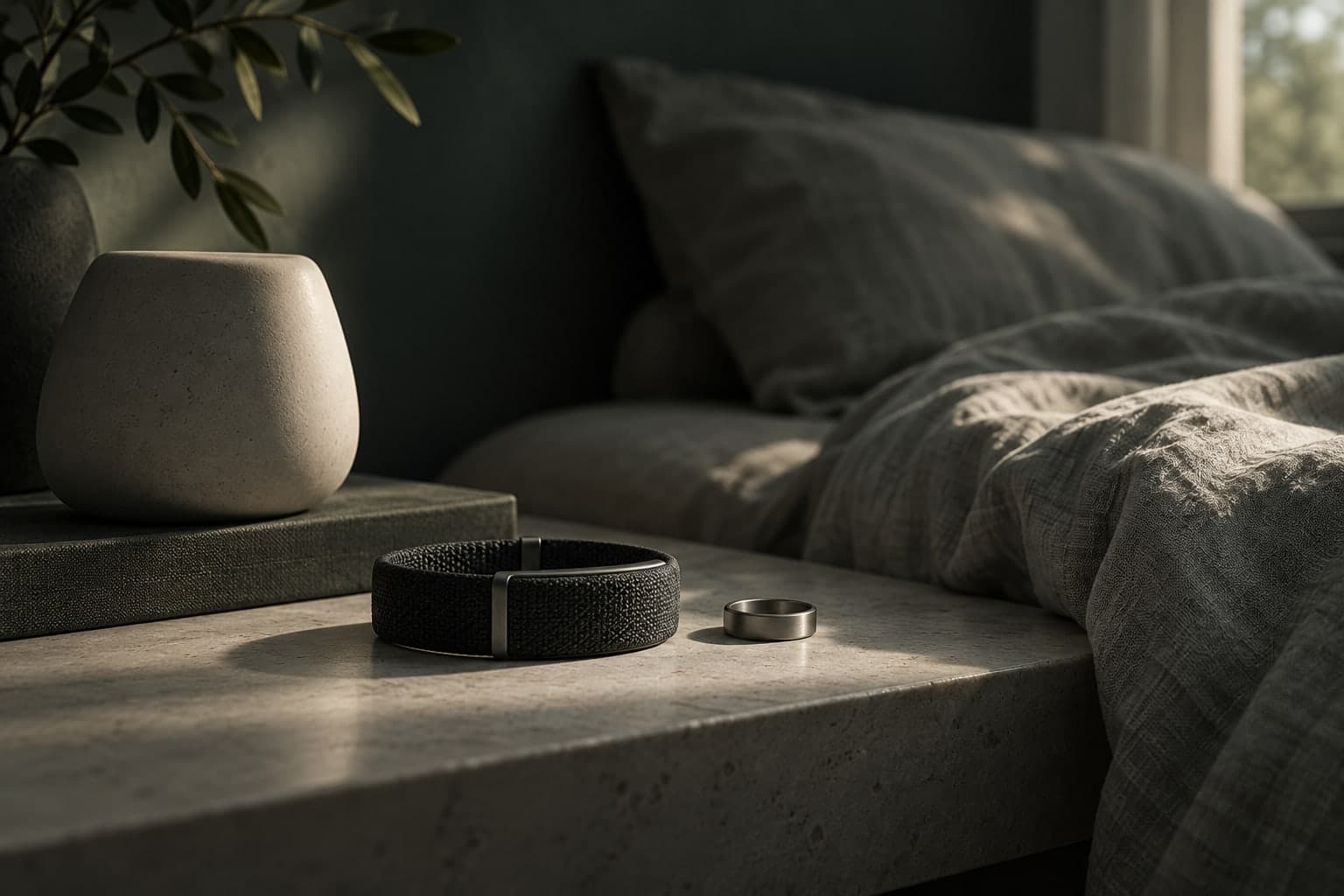 Editorial illustration of screenless wearable objects on a quiet bedside shelf.
