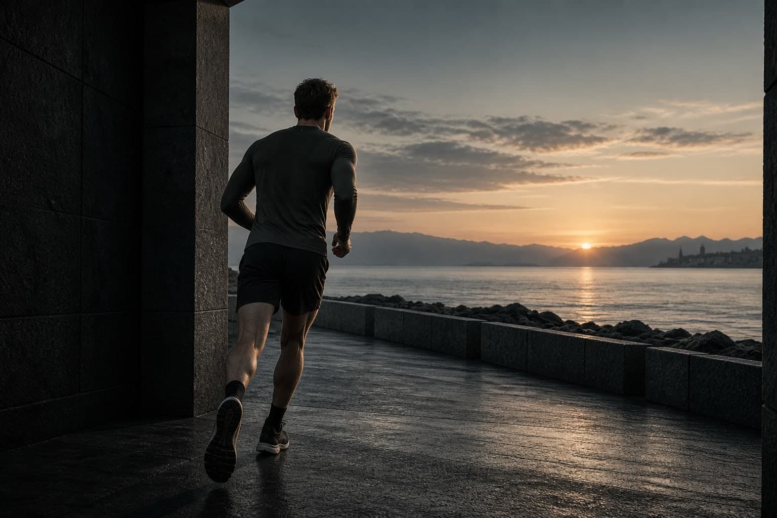Editorial illustration of a runner stepping onto an open waterfront path at dawn.