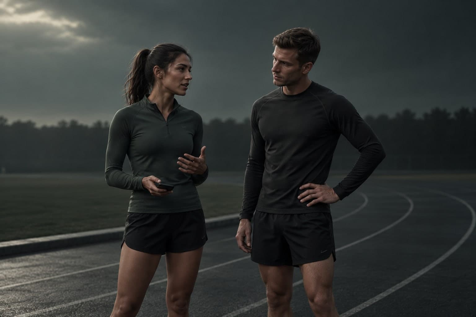 Editorial illustration of two athletes discussing training beside a track.