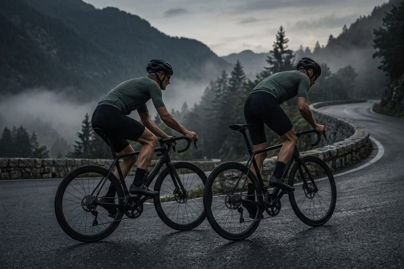 Two road cyclists in dark charcoal and muted sage kit riding side-by-side up a misty mountain pass at dawn, one seated in a steady threshold cadence and the other rising out of the saddle to accelerate.