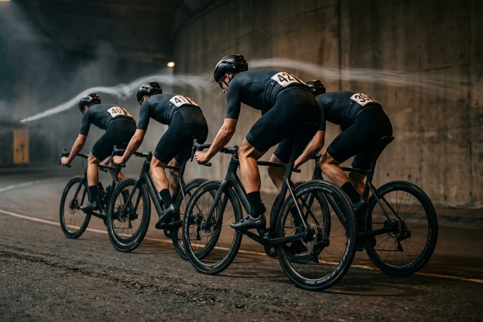 Cyclists riding in tight aerodynamic draft formation under directional studio lighting.