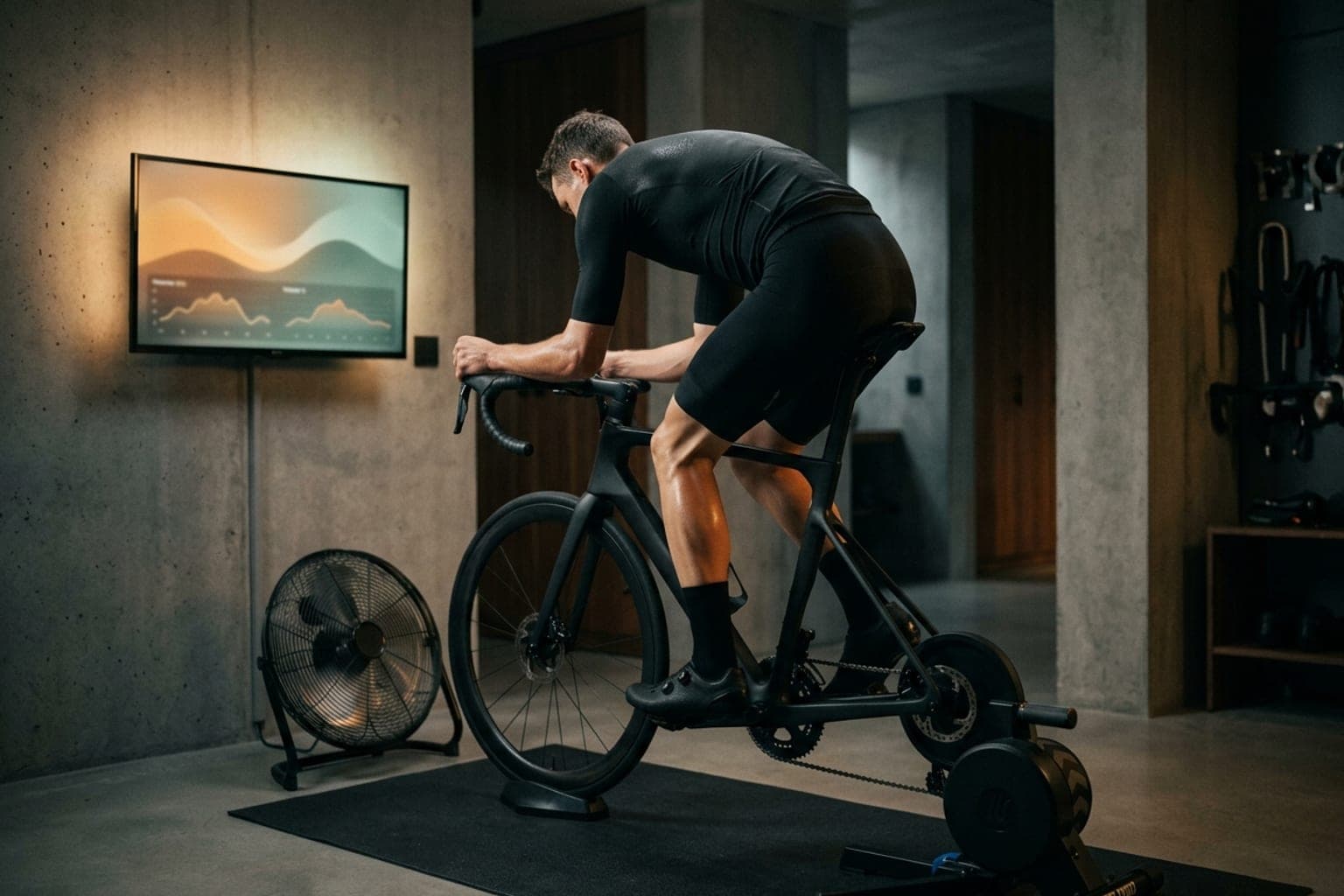 Cyclist riding an indoor smart trainer setup with a floor fan in a dimly lit training studio.
