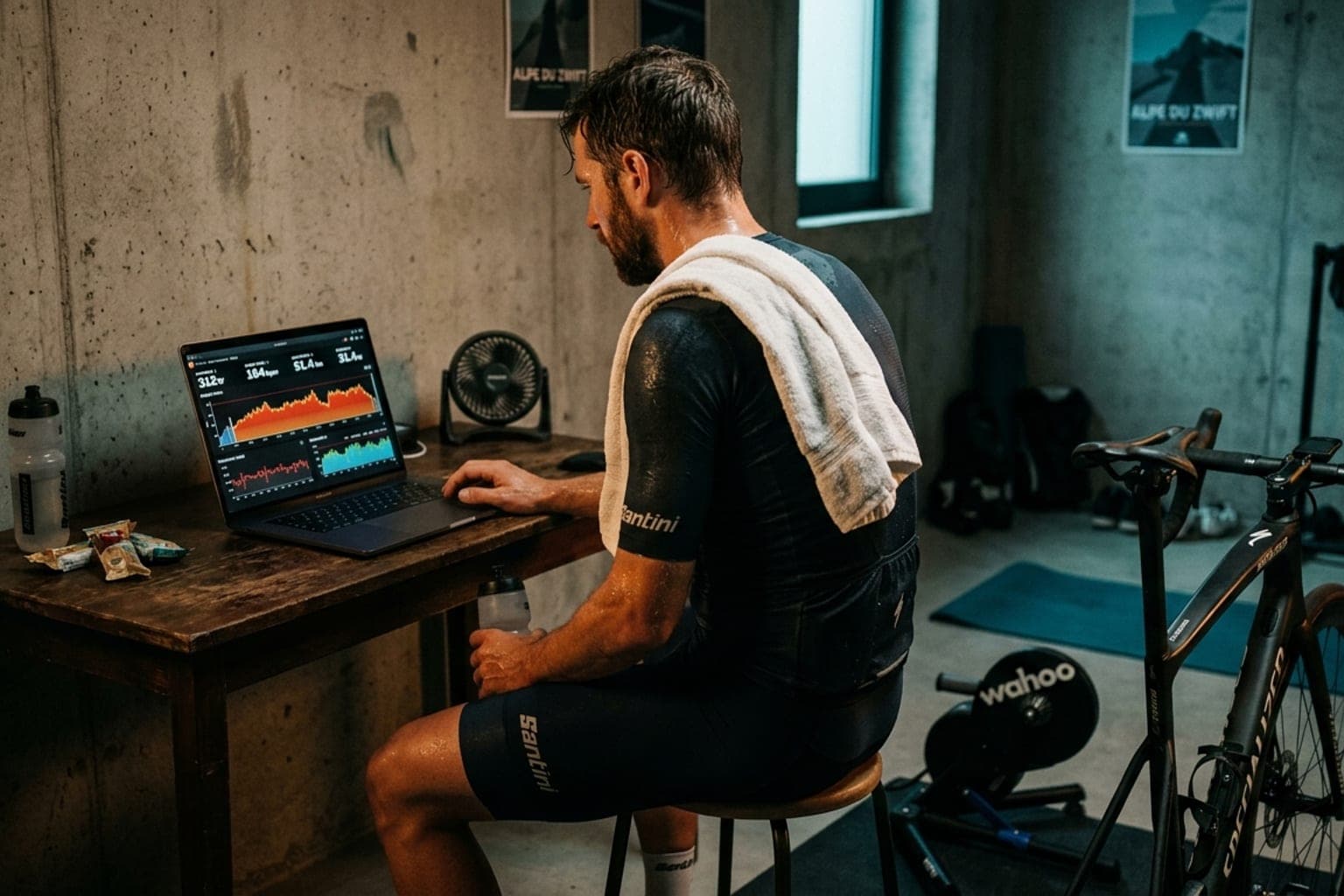 Endurance cyclist seated beside an indoor smart trainer in a concrete studio reviewing post-race power charts on a laptop.