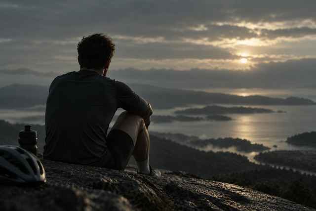 A cyclist pauses on a rocky overlook above a misty landscape at dawn.