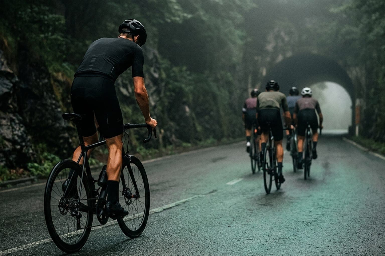 Lone cyclist straining out of the saddle on a climb as a three-rider breakaway group pulls ahead in a dimly lit tunnel.