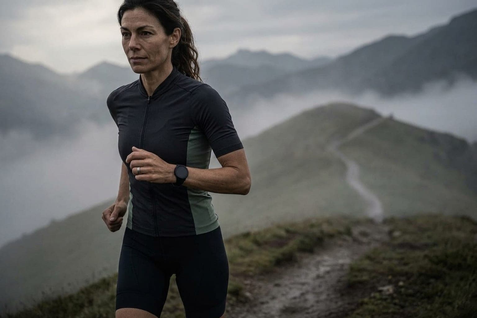 An endurance athlete in dark charcoal and muted sage technical apparel moving steadily along a misty ridge path at dawn, wearing an unbranded sports watch and ring.
