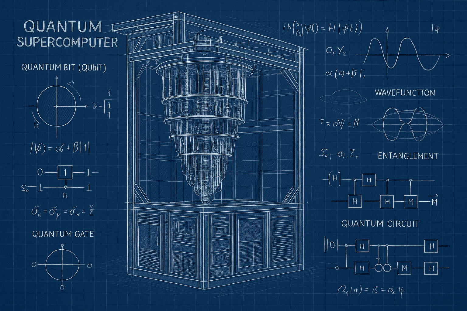 Quantum supercomputer blueprint with quantum circuits and entanglement diagrams