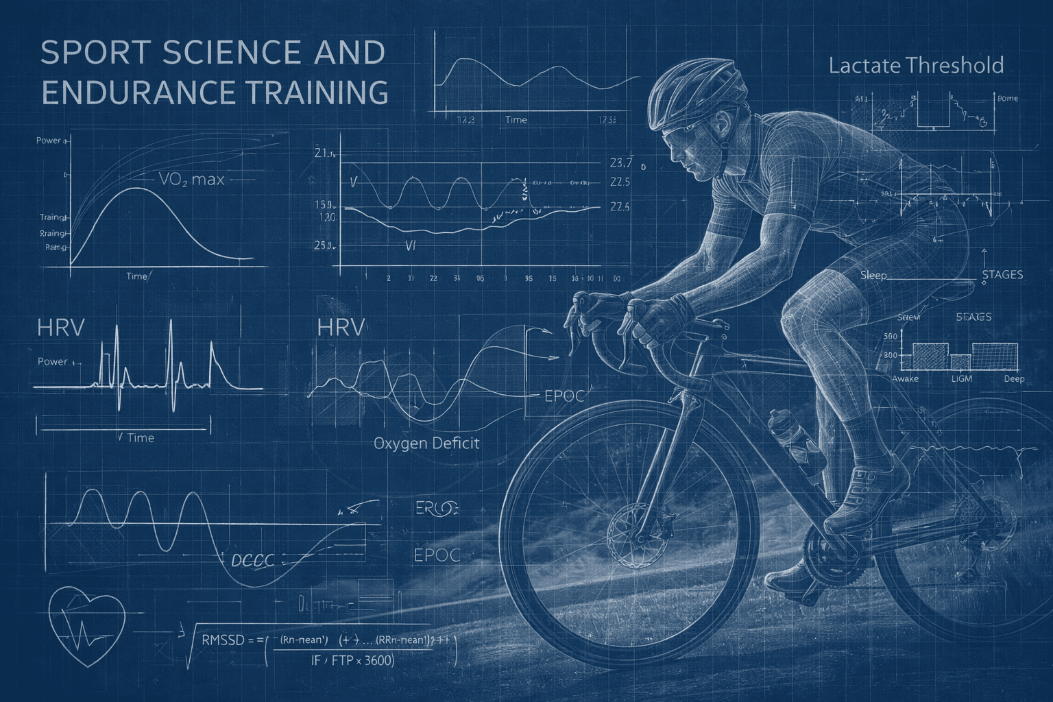 Sport science and endurance training blueprint with cycling athlete, VO2 max, HRV, and lactate threshold diagrams