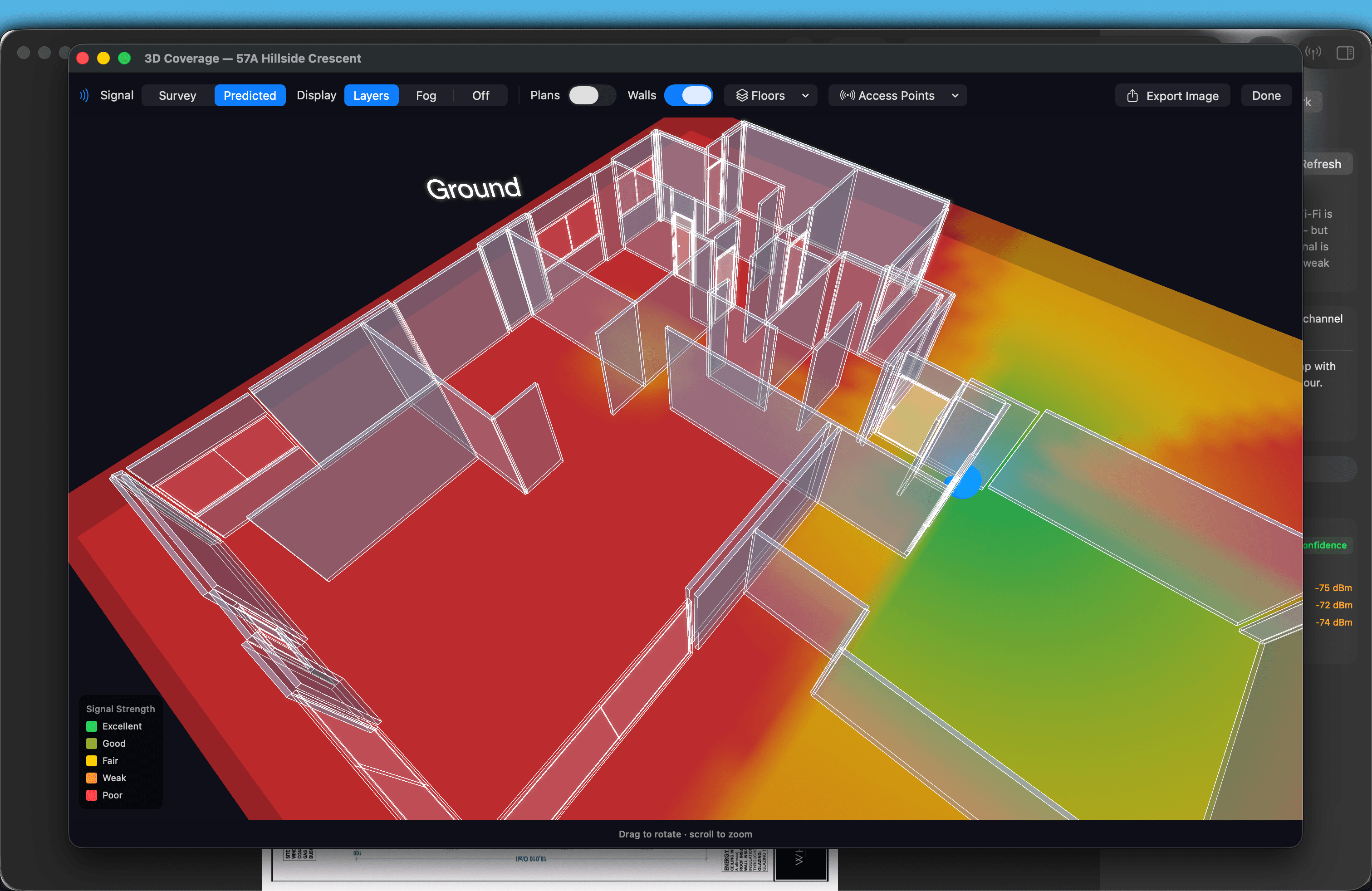 3D predicted coverage view showing red, orange and green signal zones