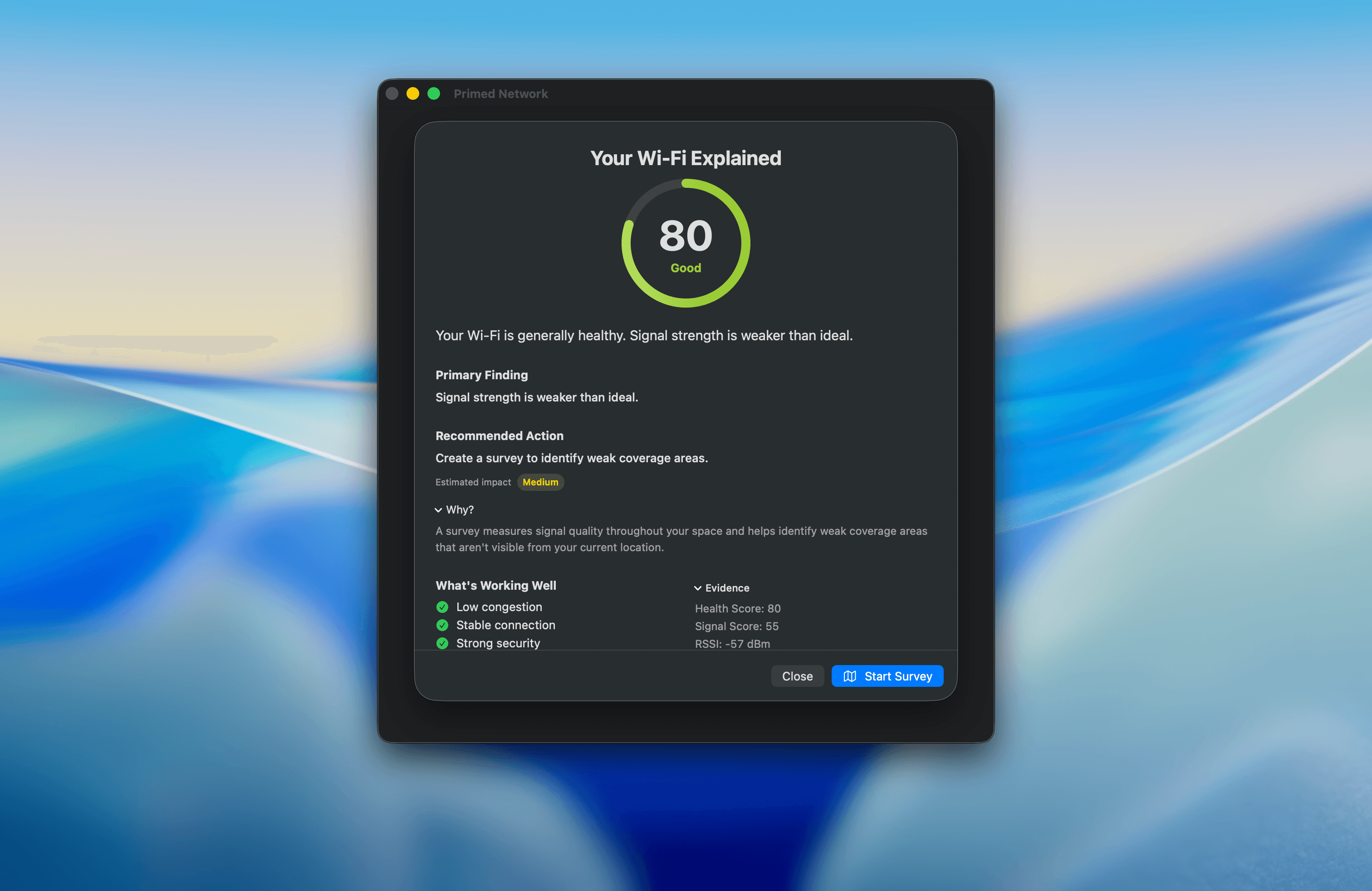 Wi-Fi Explained view with plain-English findings, recommendations and what's working well