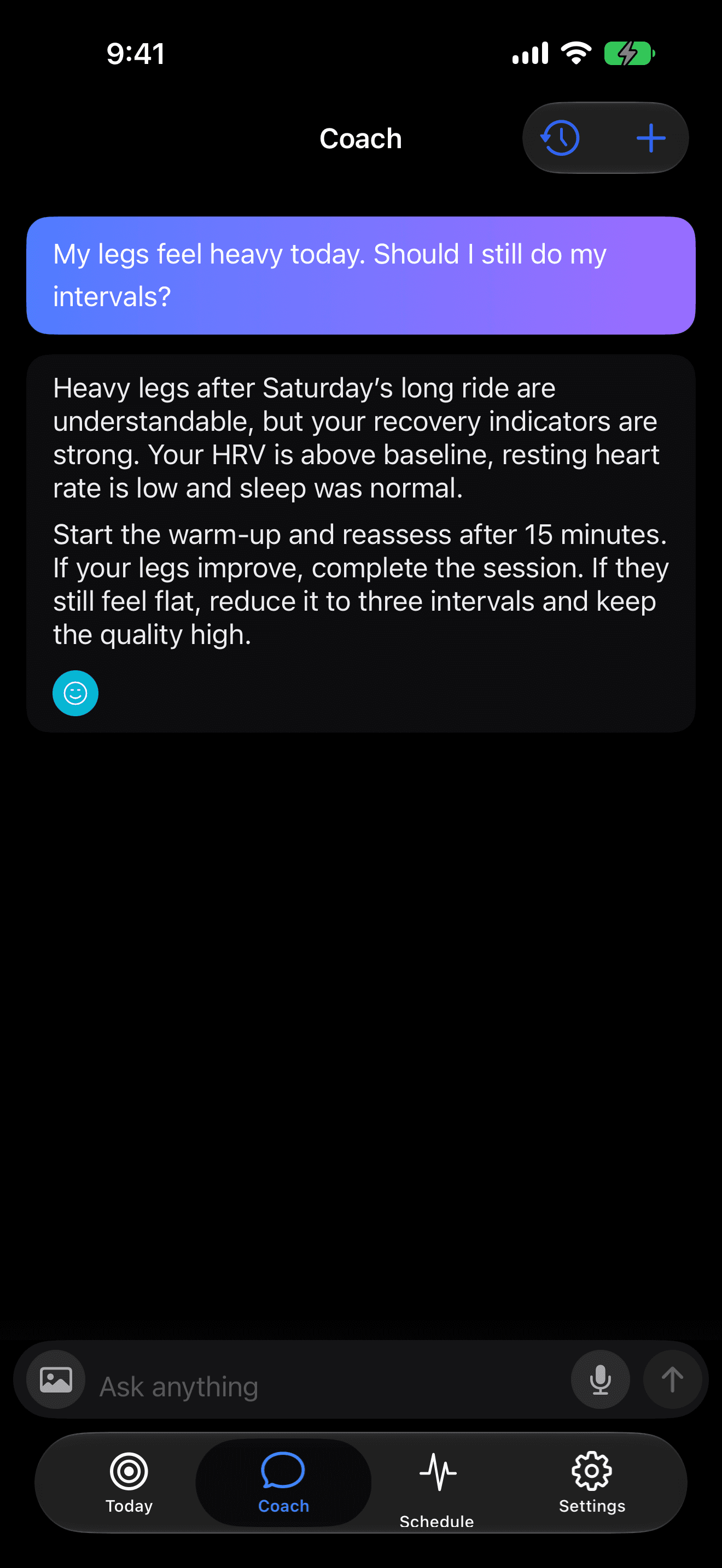An iPhone app example: a training question with the coach's response.