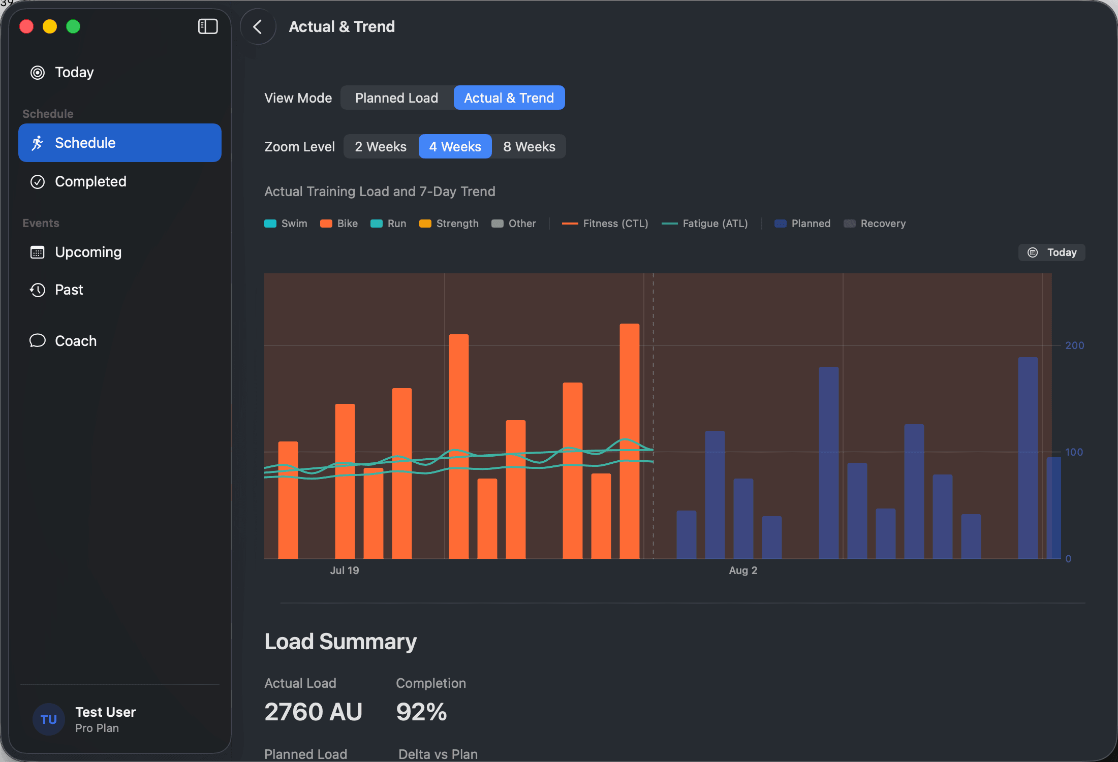 Primed on Mac: completed and planned training load alongside fitness and fatigue trends.