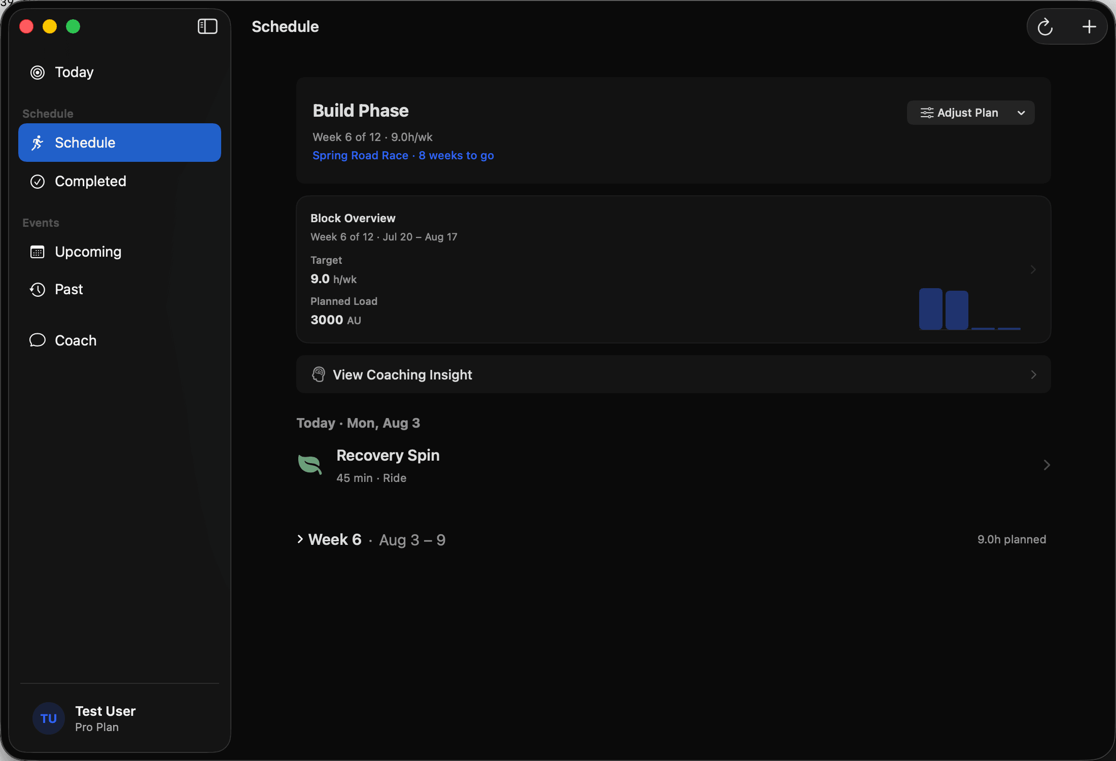 Primed Schedule on Mac: a training block overview, weekly workload and a planned recovery spin.