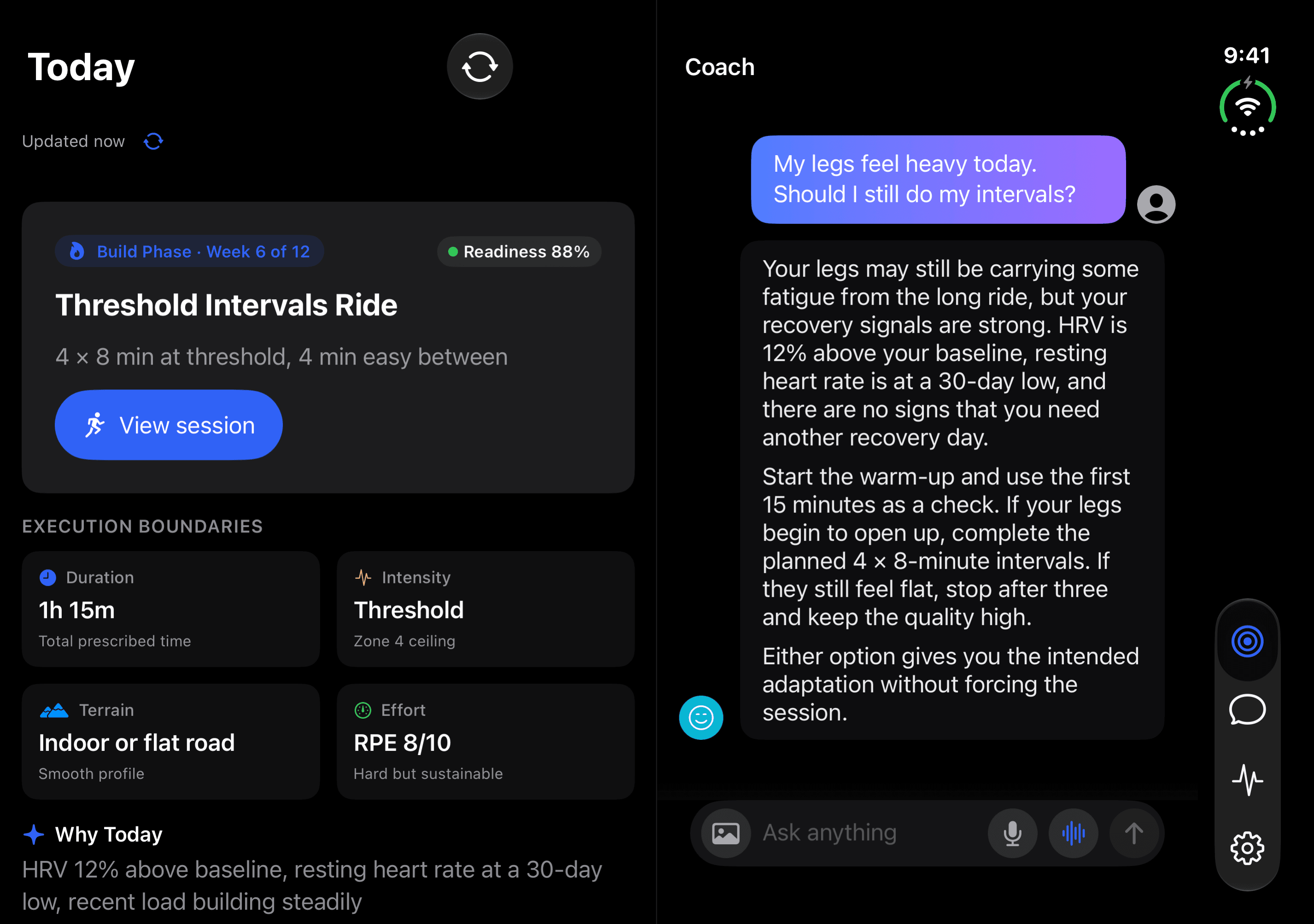 Primed on iPhone Duo unfolded: Today view on the left showing Threshold Intervals Ride and execution boundaries alongside Coach chat on the right explaining how to approach the warm-up when legs feel heavy.