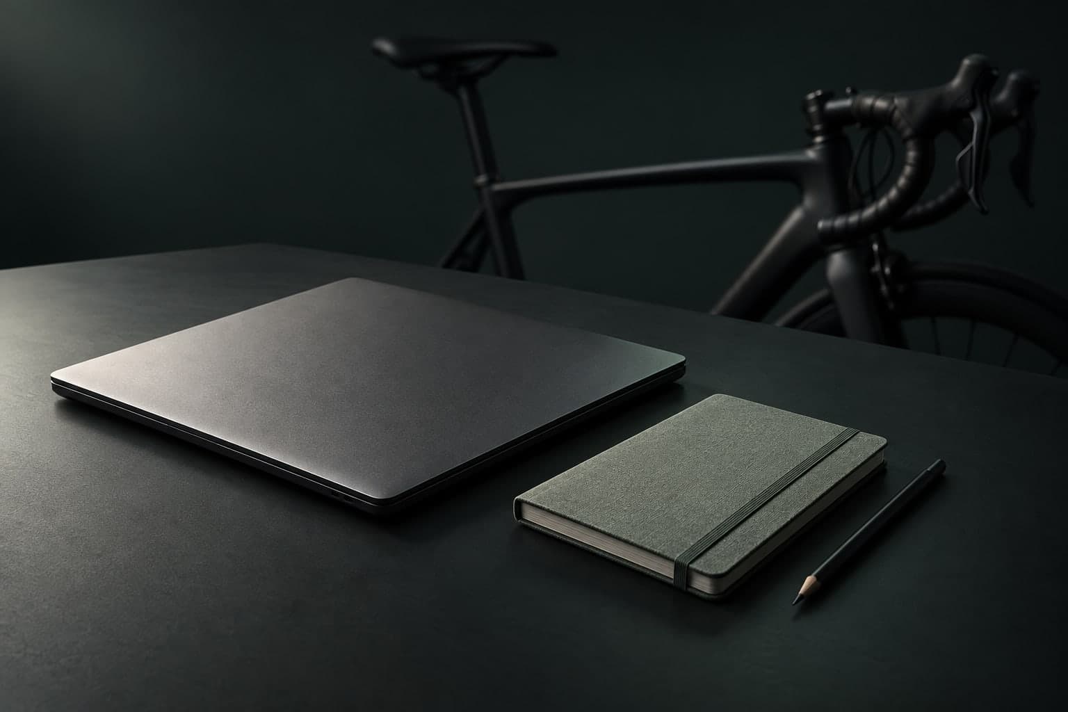Editorial illustration of a graphite laptop and notebook with a bicycle in the background.