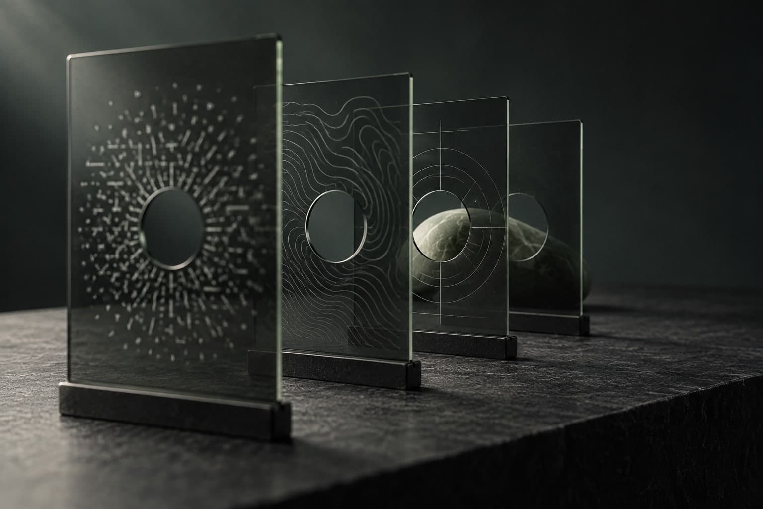 Editorial illustration of layered smoked glass framing a single pale stone.