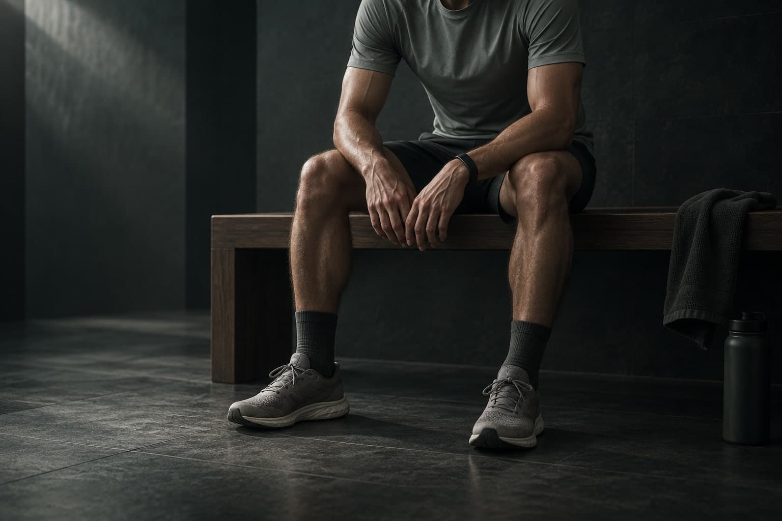 Editorial illustration of a seated runner resting his hands on his thighs.