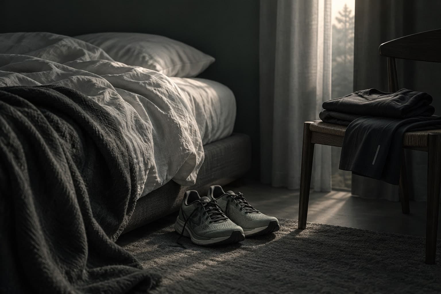 Editorial illustration of running shoes and folded training clothes beside a bed at dawn.