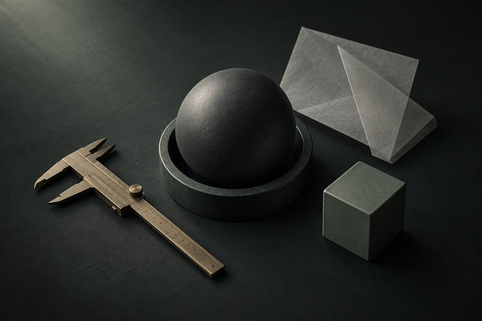 Editorial illustration of a central sphere surrounded by precision tools and paper.