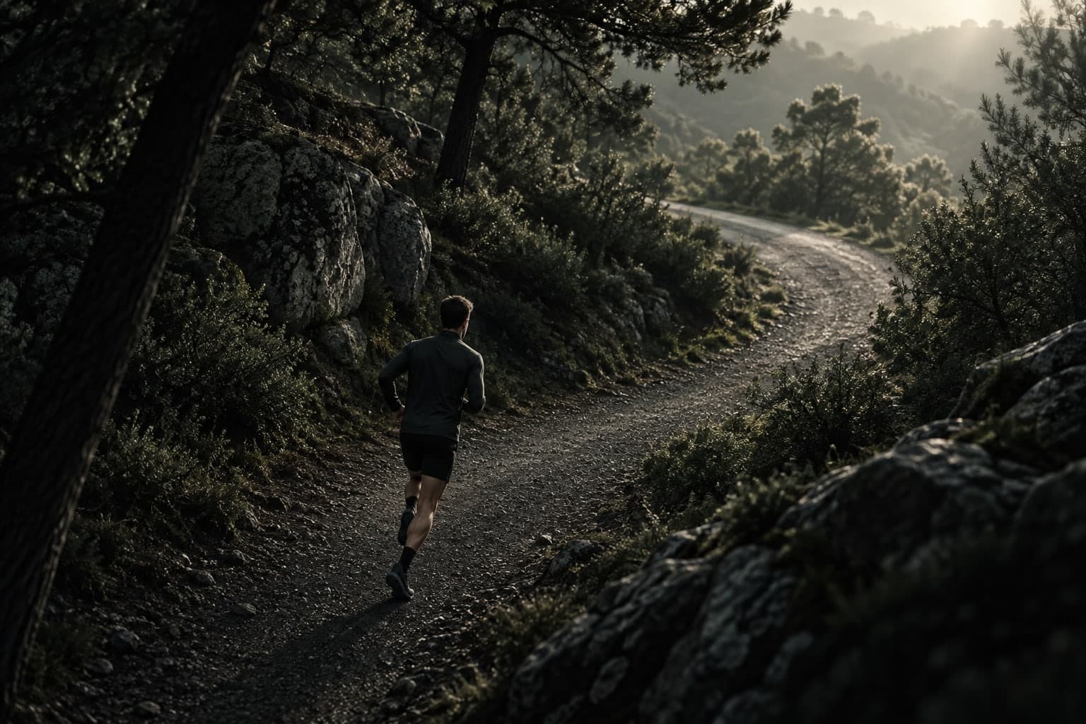 Editorial illustration of a runner following a woodland path into morning light.