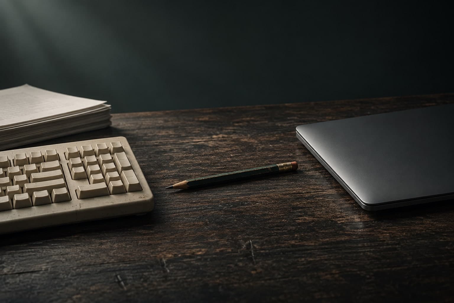 Editorial illustration comparing an older keyboard and paper with a contemporary laptop.