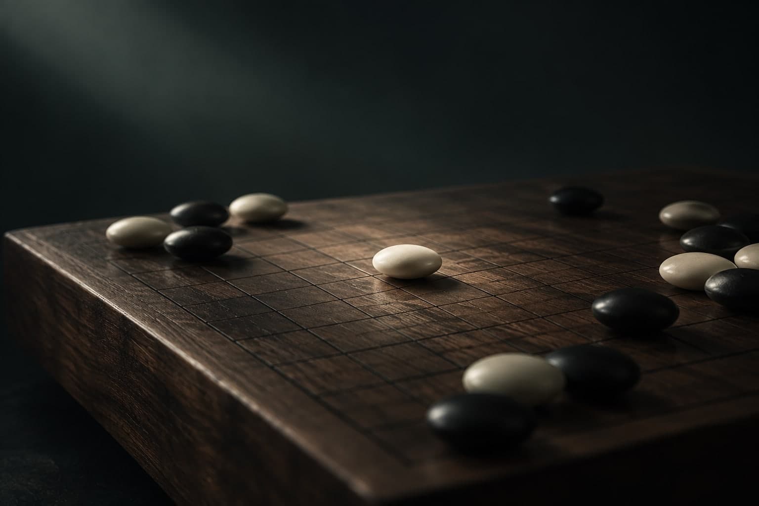 Editorial illustration of black and ivory Go stones on a dark wooden board.