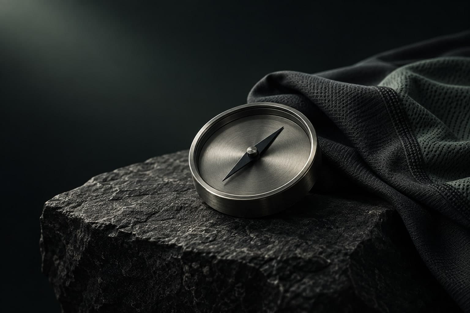 Editorial illustration of a compass resting on stone beside technical running fabric.