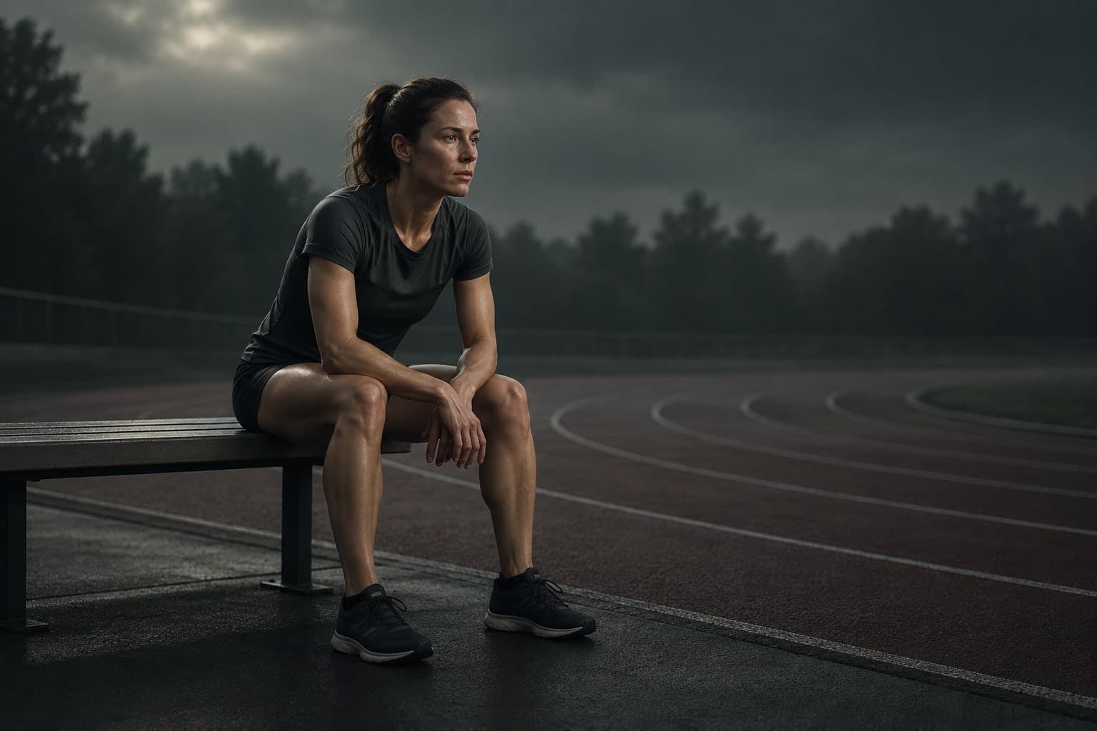 Editorial illustration of a runner pausing thoughtfully on a trackside bench.
