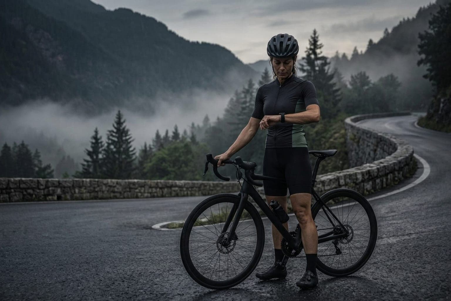 A road cyclist in dark charcoal and muted sage cycling kit pausing beside a matte-black road bicycle on a misty dawn road, glancing thoughtfully toward an unbranded sports watch and ring.