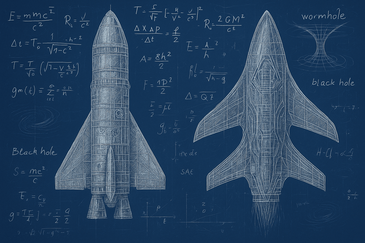 Rocket blueprints with physics equations symbolizing technological progress and innovation