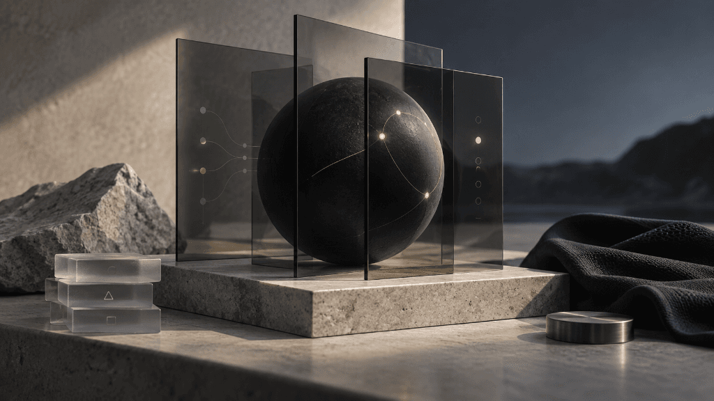 Editorial artwork featuring a dark sphere with glowing constellation nodes framed by smoked glass data screens on stone.