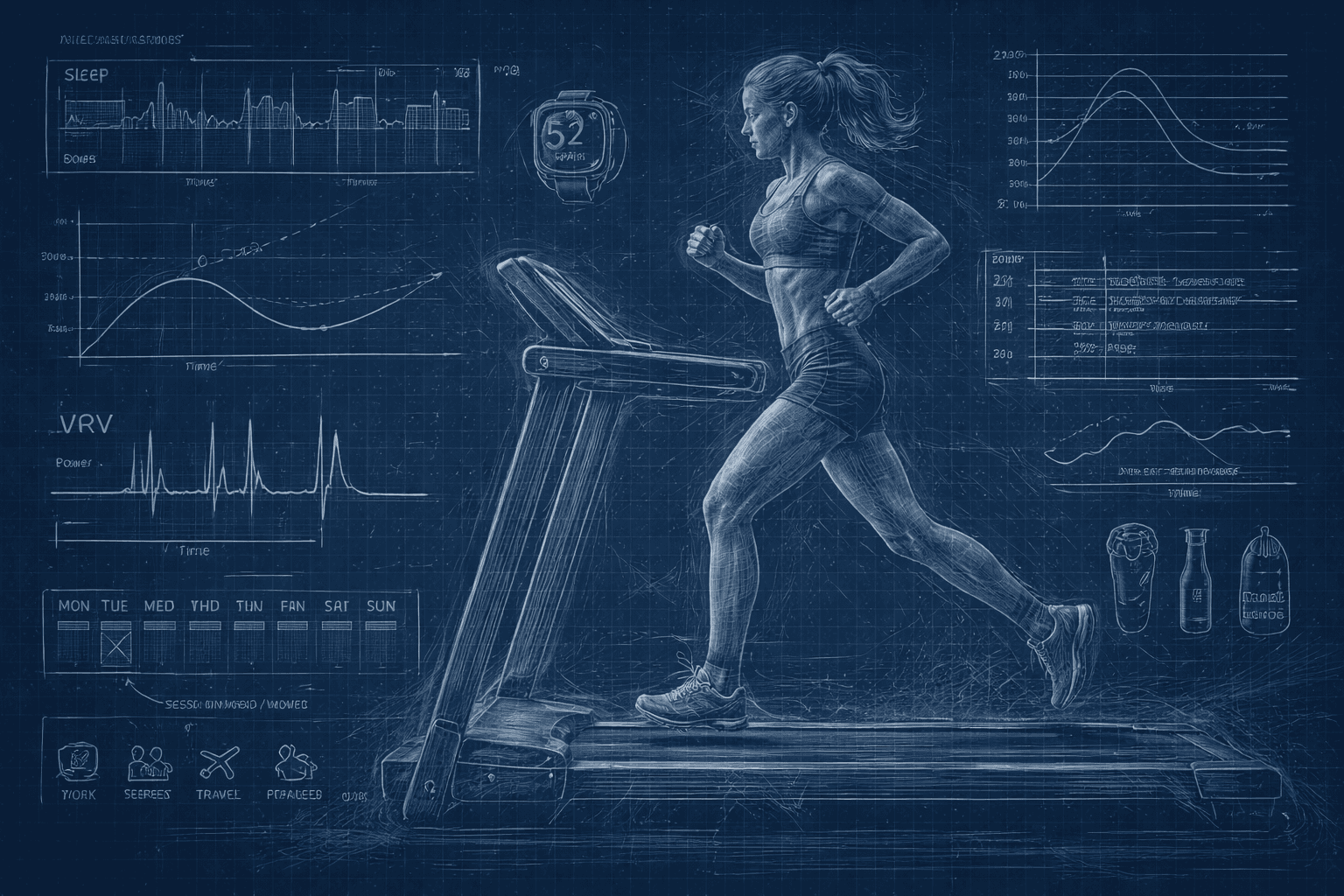 Runner on treadmill surrounded by training data charts including sleep, HRV, and weekly schedule