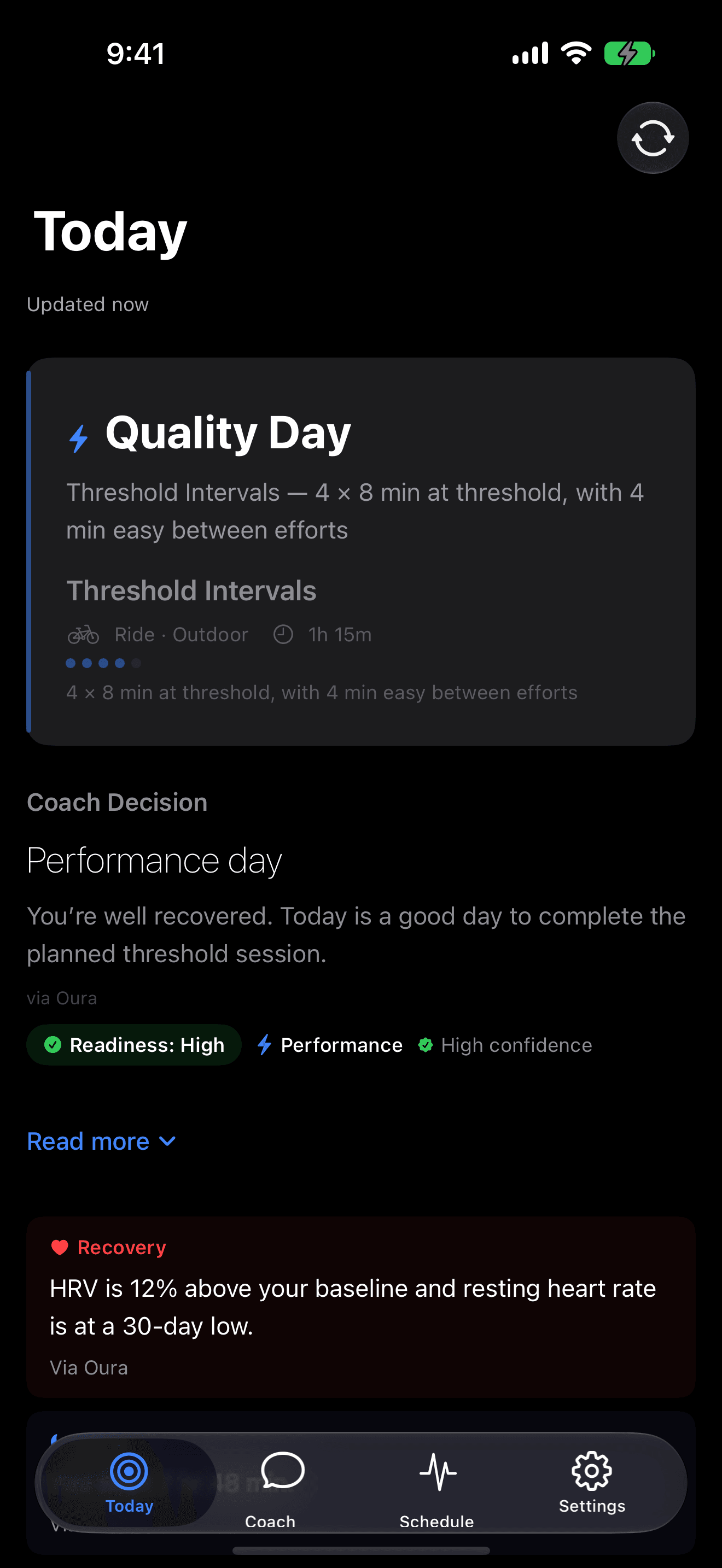 Primed Today screen showing a threshold session and the coach’s reasoning