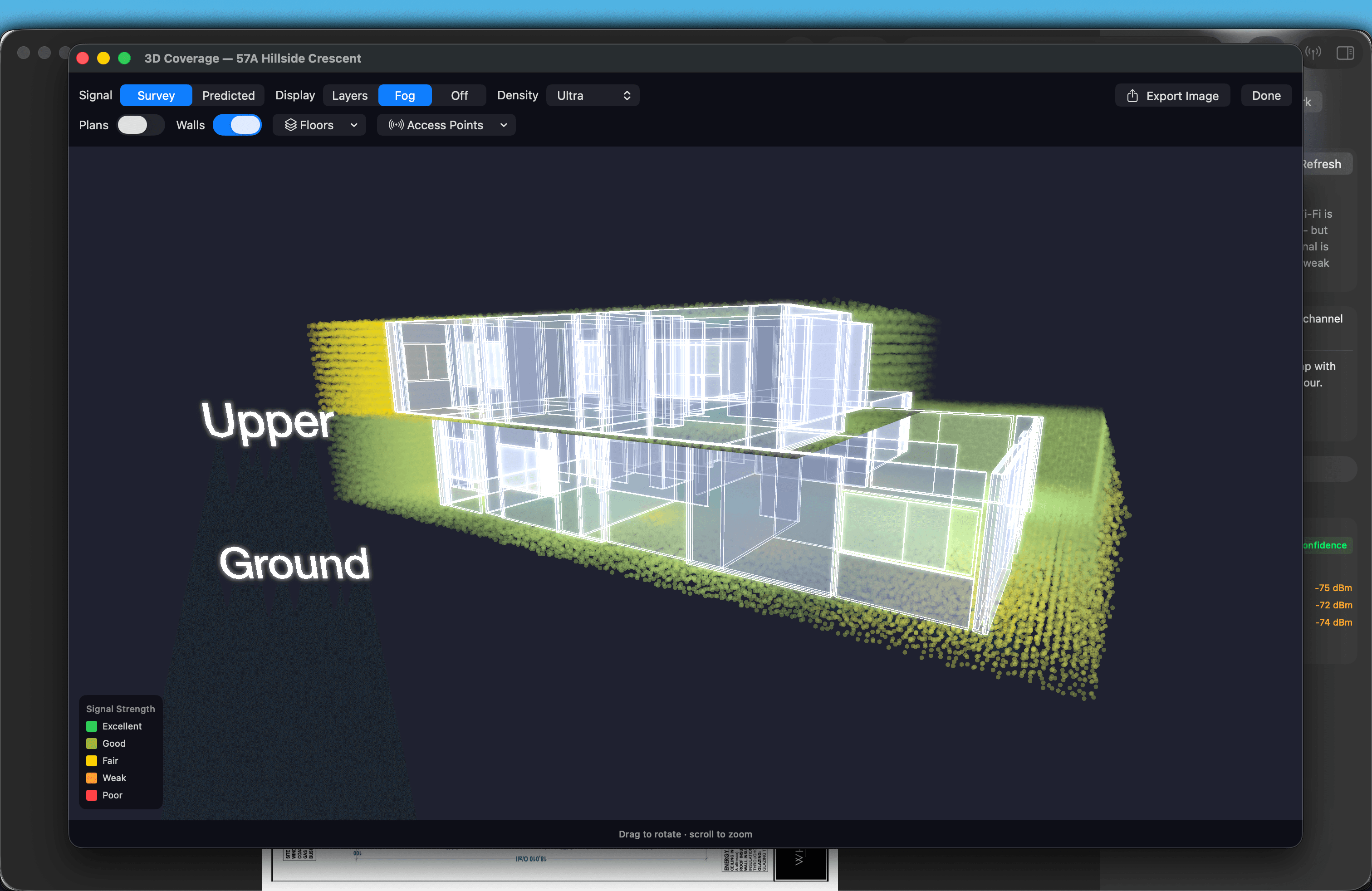 Primed Network showing signal coverage through two floors of a building in its 3D view