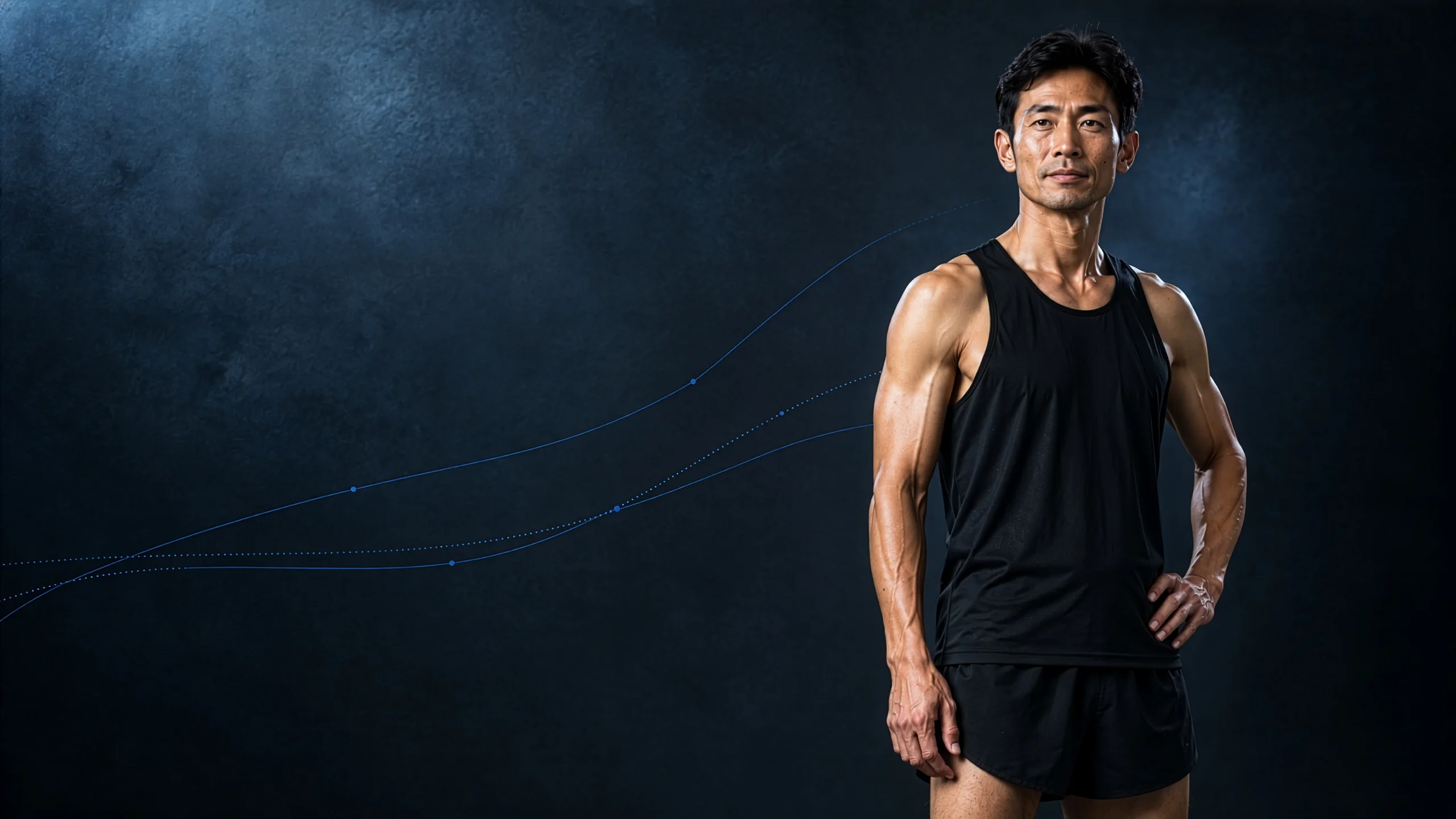 An illustrative runner standing after a session, faint trajectories behind him.
