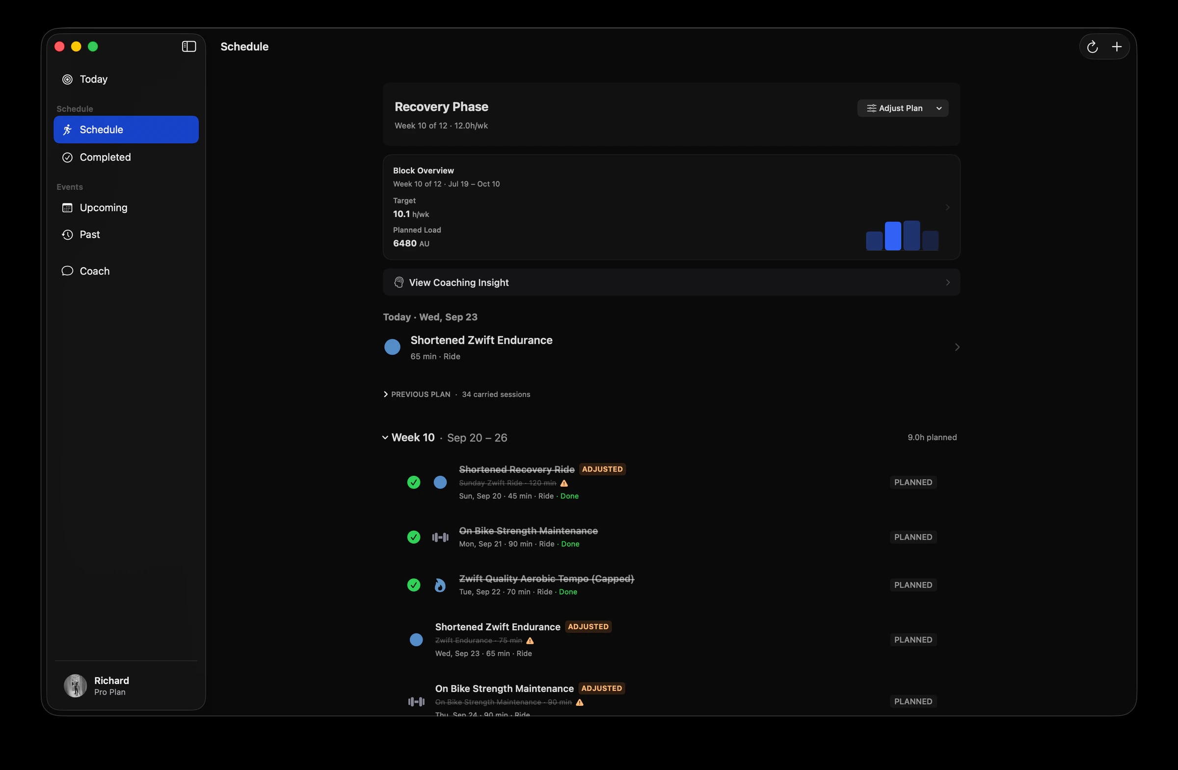 Primed Schedule on Mac, showing the current training block and the week’s planned and adjusted sessions.
